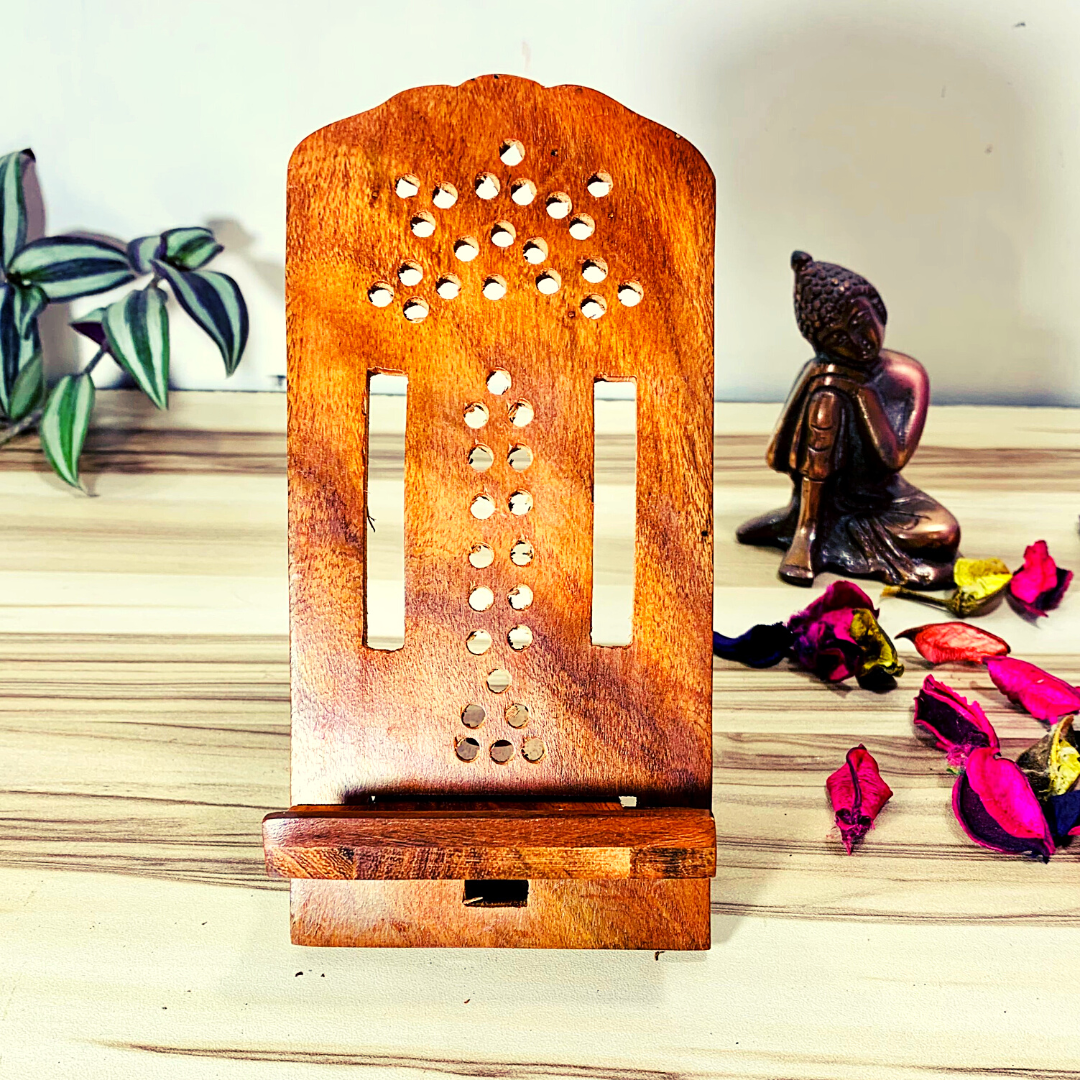 Homefrills Beautiful Handicraft Wooden Mobile Stand Holder for Table for Home, Office Decoration -Can Hold Any Size Mobile-Size-17.5*8.5 cm